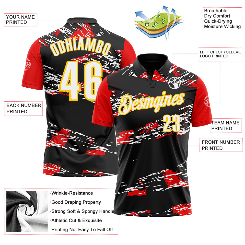 Custom Black Yellow-Red 3D Abstract Grunge Art Performance Polo Shirt ...
