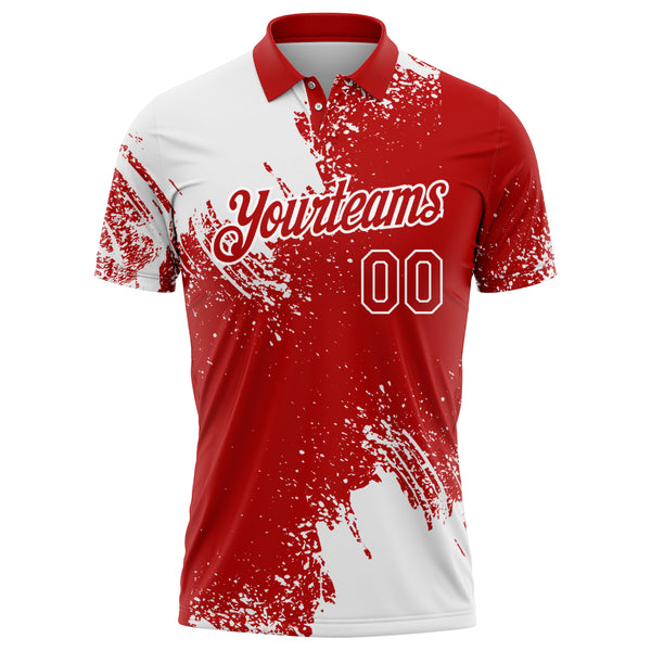 Custom White Red 3D Pattern Design Abstract Brush Stroke Performance Polo Shirt