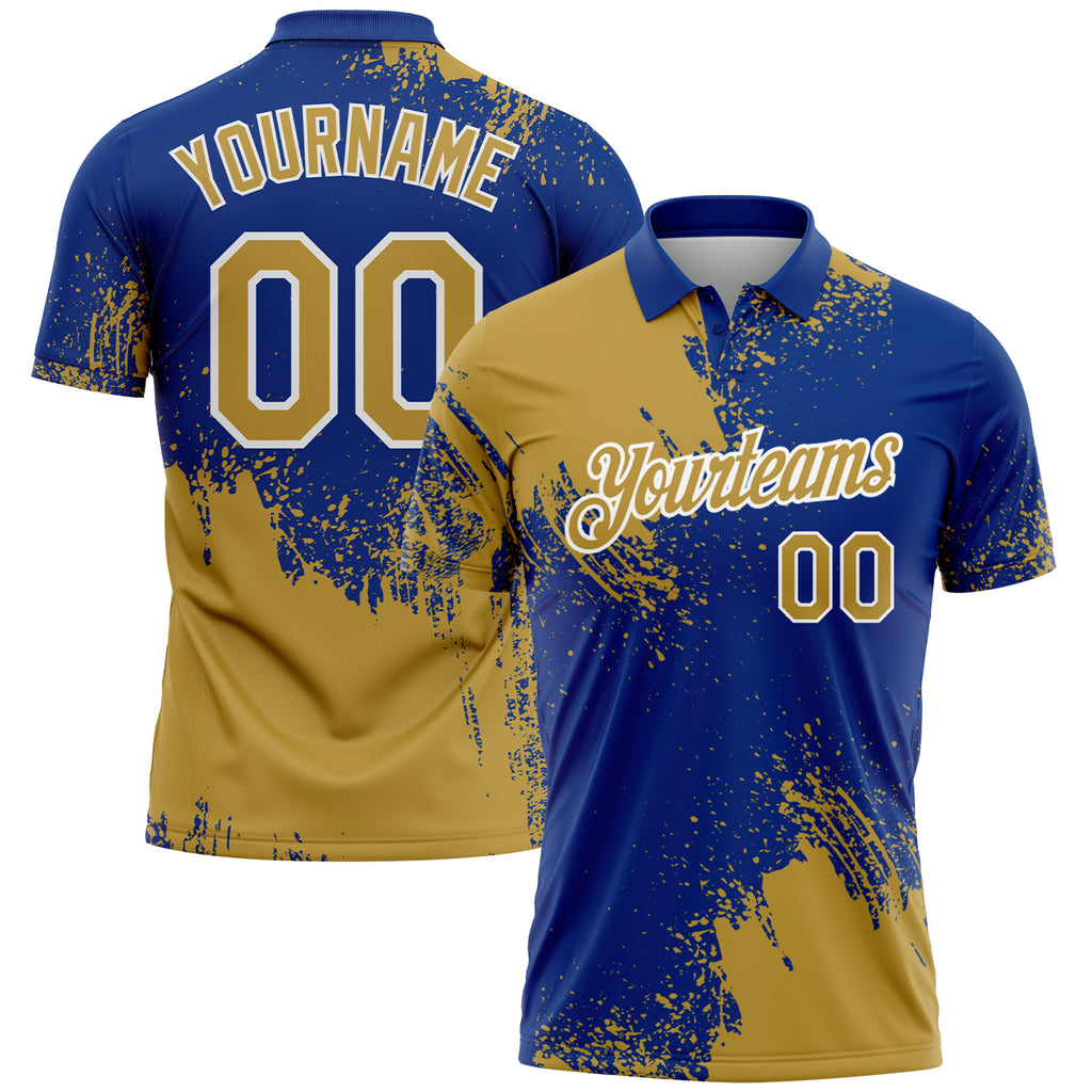 Custom Old Gold Royal-White 3D Pattern Design Abstract Brush Stroke Performance Polo Shirt