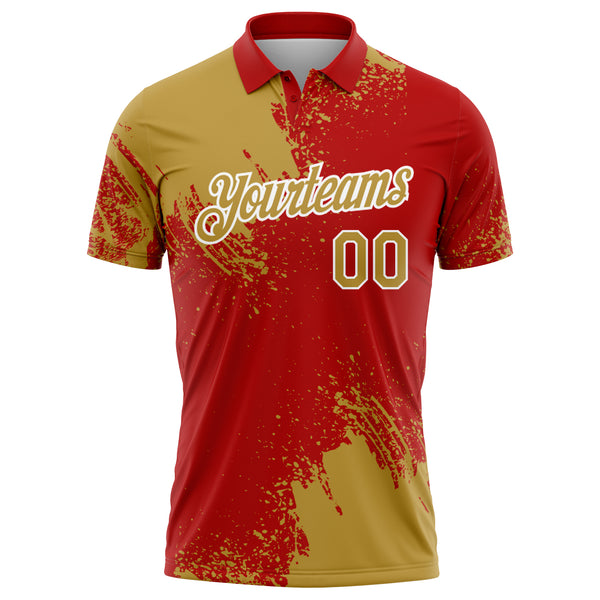 Custom Old Gold Red-White 3D Pattern Design Abstract Brush Stroke Performance Polo Shirt