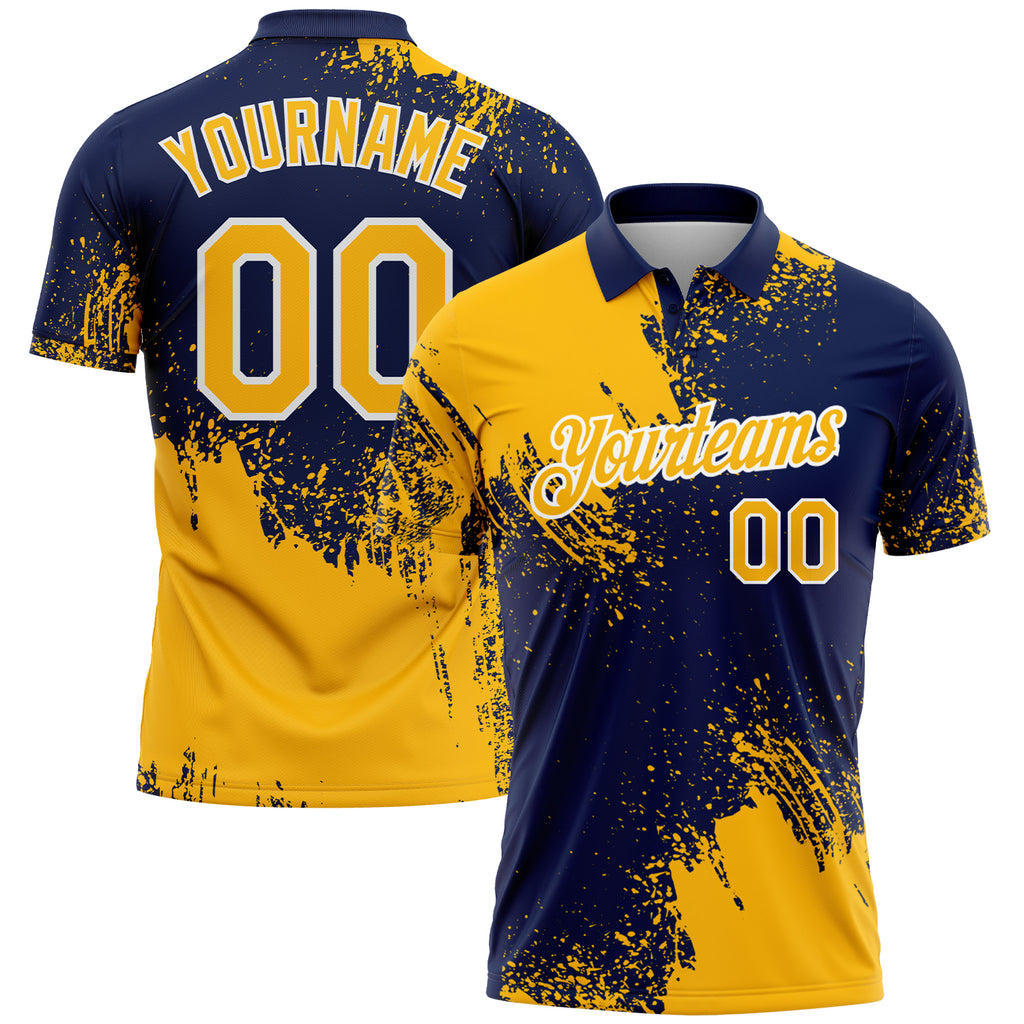 Custom Gold Navy-White 3D Pattern Design Abstract Brush Stroke Performance Polo Shirt