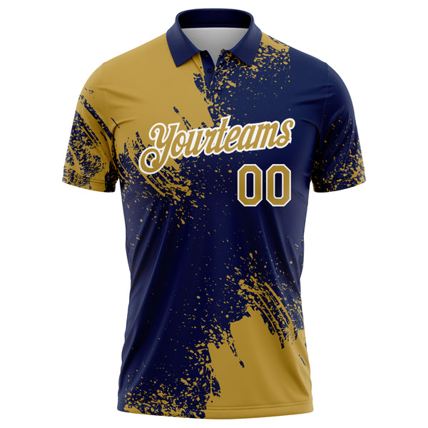 Custom Old Gold Navy-White 3D Pattern Design Abstract Brush Stroke Performance Polo Shirt