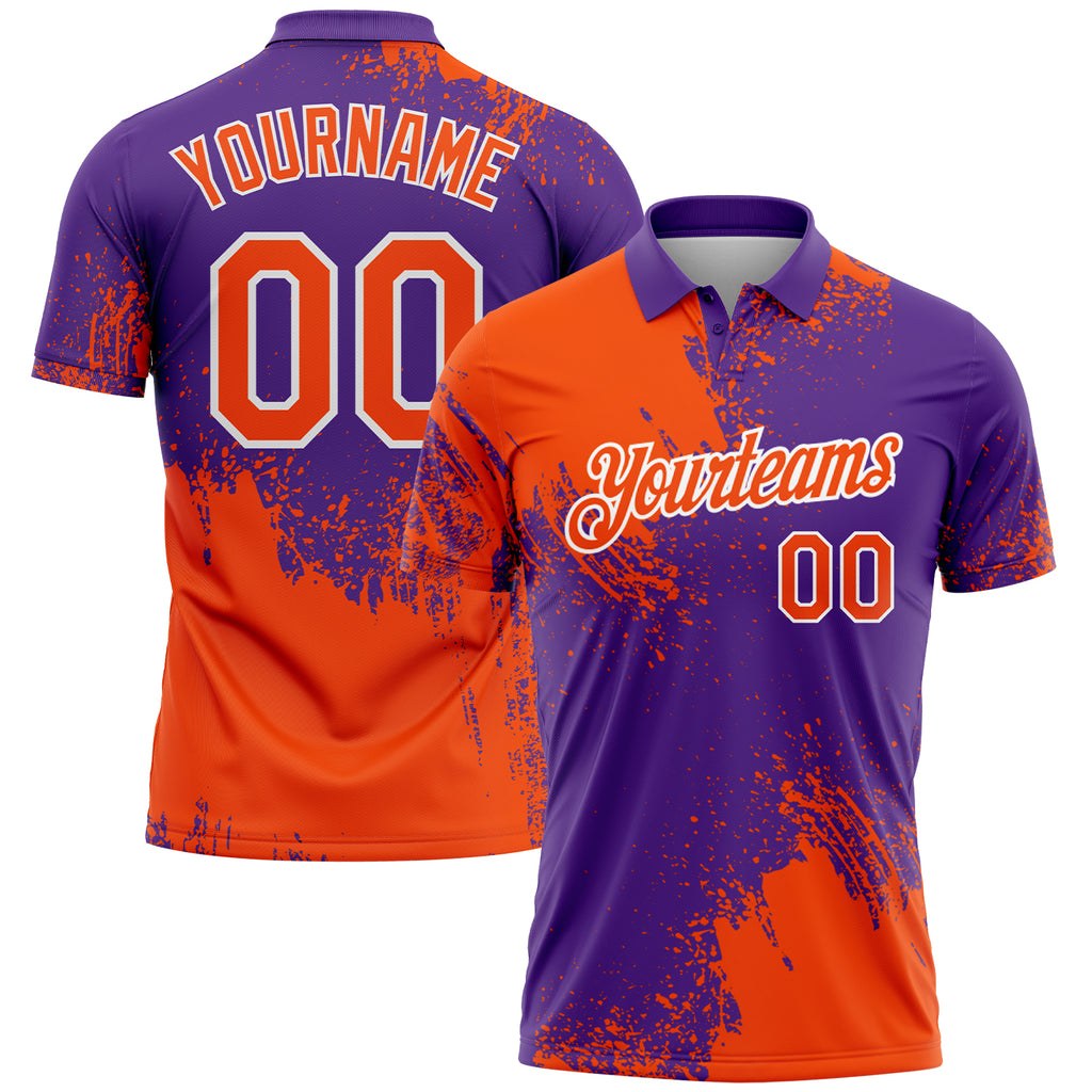 Custom Orange Purple-White 3D Pattern Design Abstract Brush Stroke Performance Polo Shirt