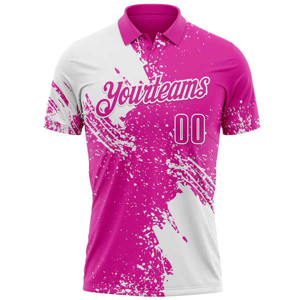 Custom White Deep Pink 3D Pattern Design Abstract Brush Stroke Performance Polo Shirt