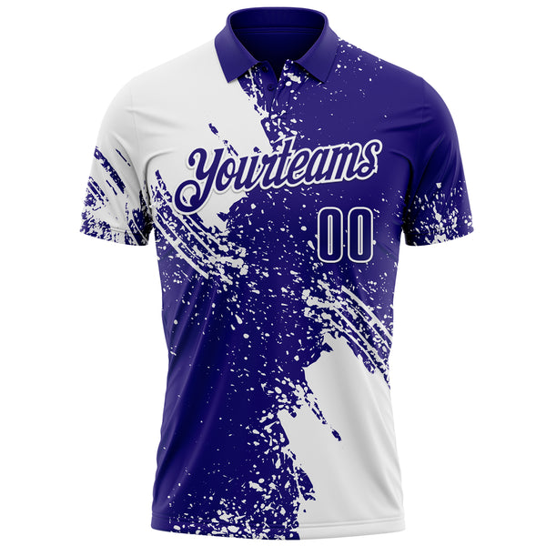 Custom White Dark Purple 3D Pattern Design Abstract Brush Stroke Performance Polo Shirt