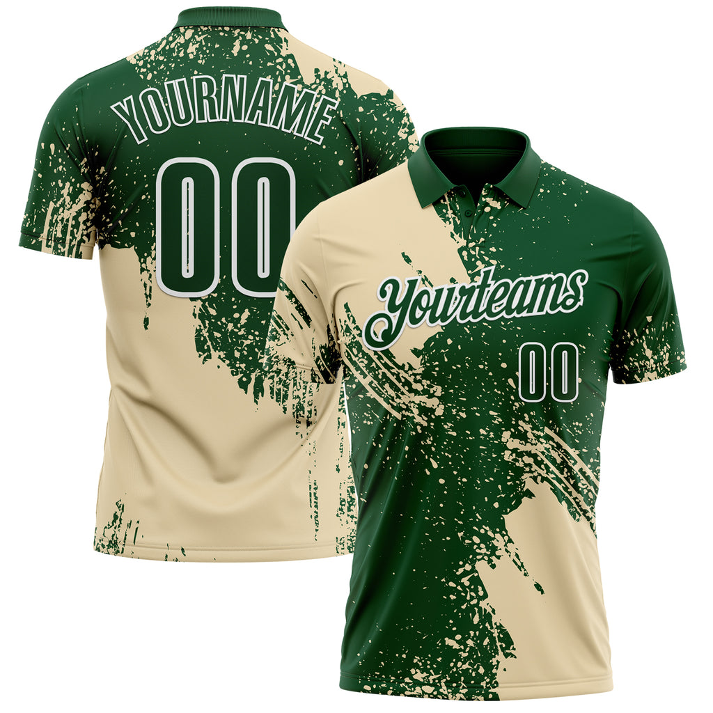 Custom Cream Green-White 3D Pattern Design Abstract Brush Stroke Performance Polo Shirt