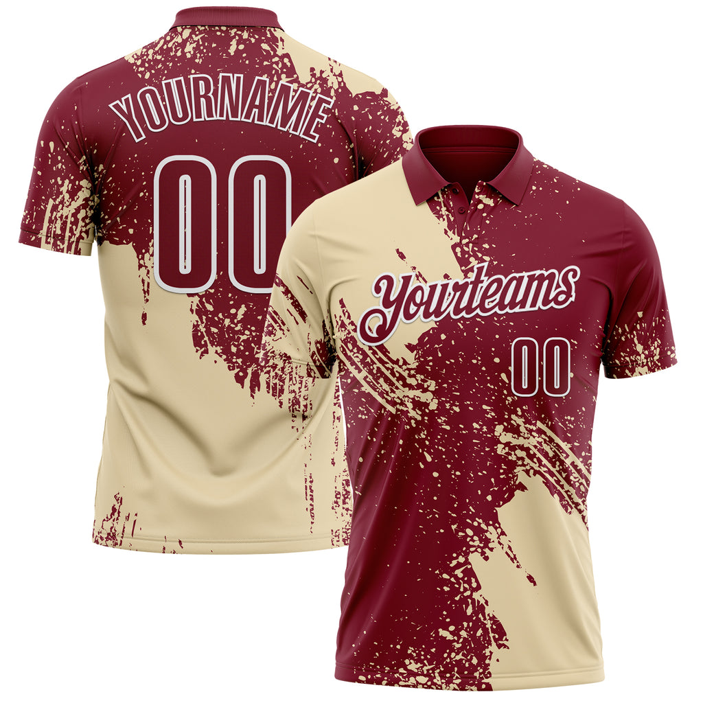 Custom Cream Crimson-White 3D Pattern Design Abstract Brush Stroke Performance Polo Shirt