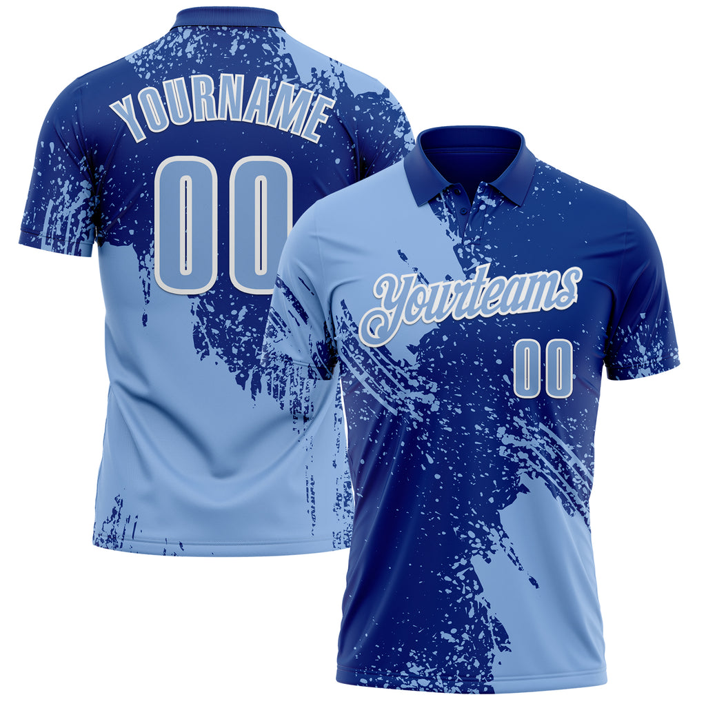Custom Light Blue Royal-White 3D Pattern Design Abstract Brush Stroke Performance Polo Shirt