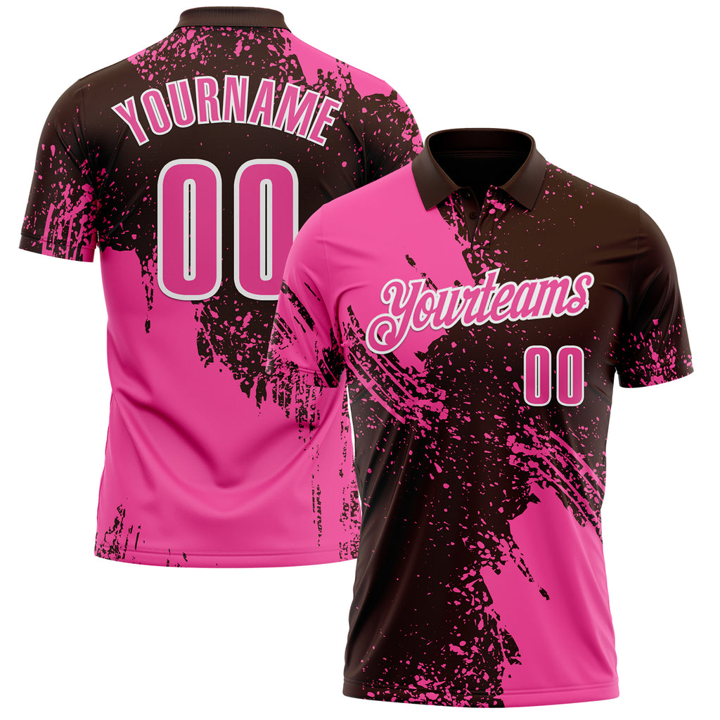 Custom Pink Brown-White 3D Pattern Design Abstract Brush Stroke Performance Polo Shirt