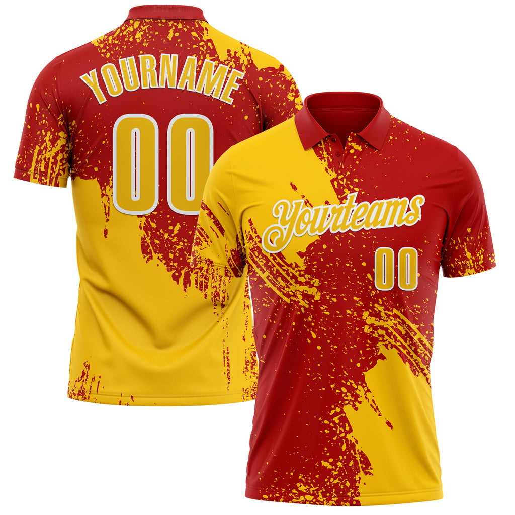 Custom Yellow Red-White 3D Pattern Design Abstract Brush Stroke Performance Polo Shirt
