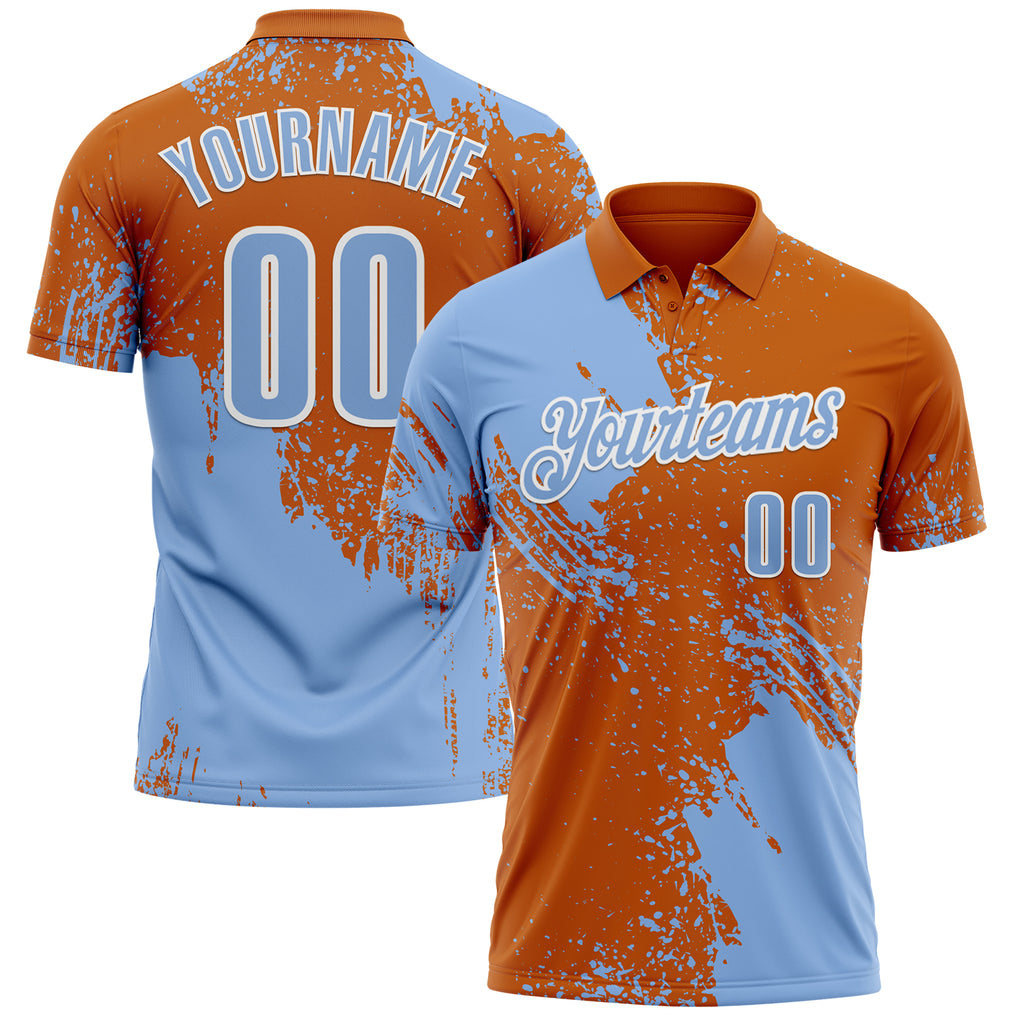 Custom Light Blue Texas Orange-White 3D Pattern Design Abstract Brush Stroke Performance Polo Shirt