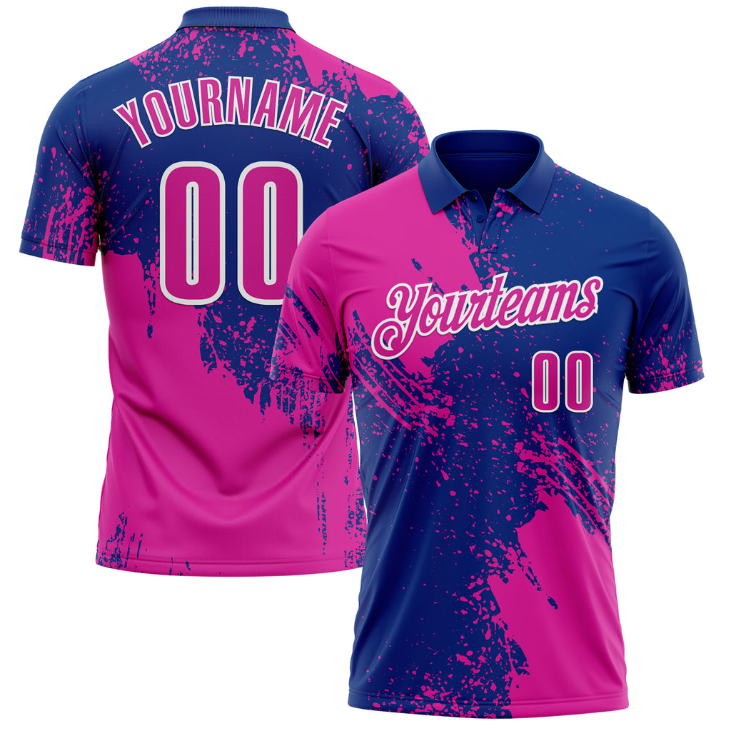 Custom Deep Pink Royal-White 3D Pattern Design Abstract Brush Stroke Performance Polo Shirt