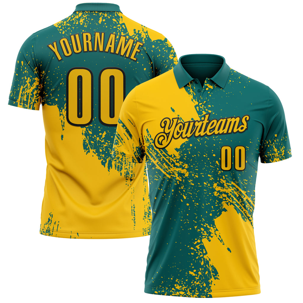 Custom Yellow Teal-Black 3D Pattern Design Abstract Brush Stroke Performance Polo Shirt