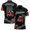 Custom Black White 3D Flame Skull Bowling Performance Polo Shirt