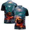 Custom Blue Teal-Black 3D Flame Skull Bowling Performance Polo Shirt