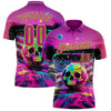 Custom Deep Pink Neon Green 3D American Flag Graffiti Splash Skull Bowling Performance Polo Shirt