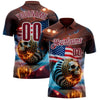 Custom Brown Crimson-White 3D American Flag Flame Skull Bowling Performance Polo Shirt