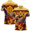 Custom Gold Yellow-Red 3D Flame Skull Bowling Performance Polo Shirt