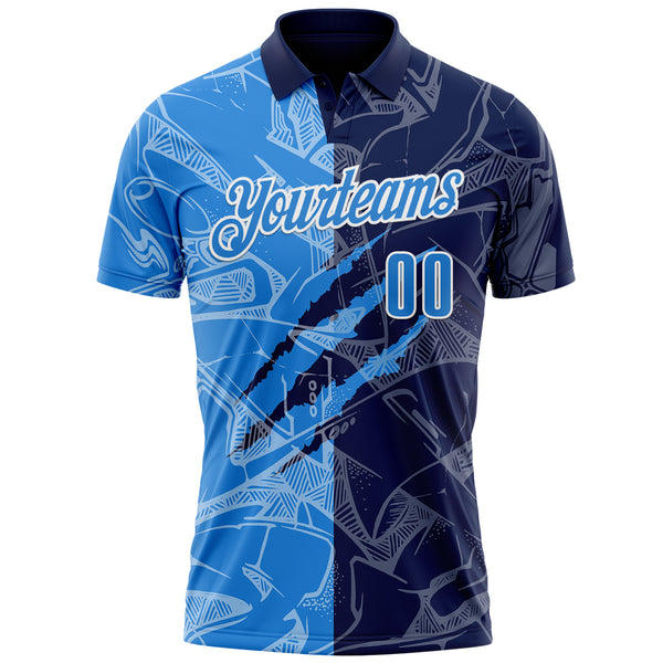 Custom Graffiti Pattern Powder Blue Navy-White 3D Scratch Performance Polo Shirt