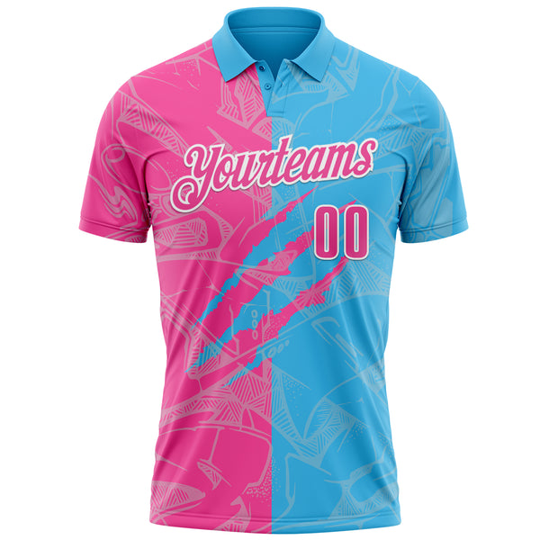 Custom Graffiti Pattern Pink Sky Blue-White 3D Scratch Performance Polo Shirt