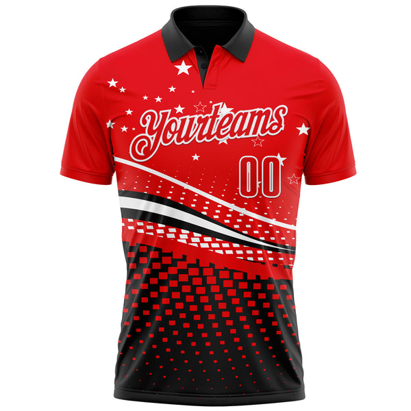 Custom Fire Red Black-White 3D Pattern Design Star And Geometric Shapes Performance Polo Shirt