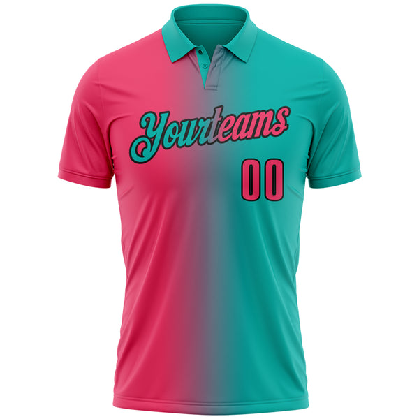 Custom Aqua Neon Pink-Black 3D Gradient Fashion Performance Polo Shirt