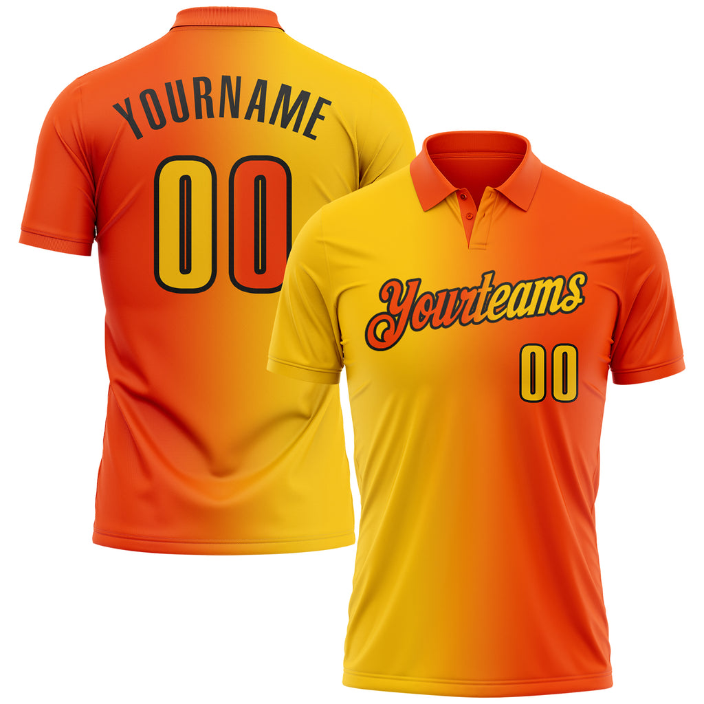 Custom Orange Yellow-Black 3D Gradient Fashion Performance Polo Shirt