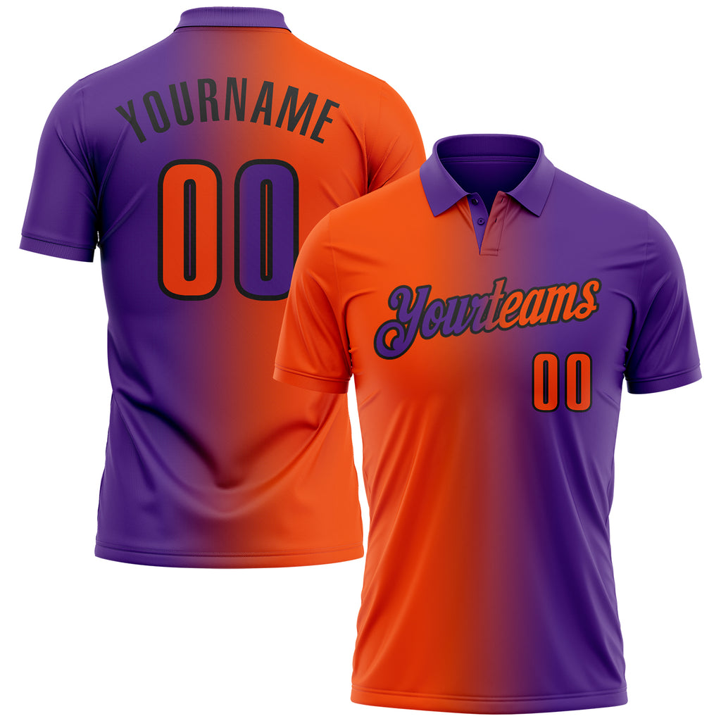 Custom Purple Orange-Black 3D Gradient Fashion Performance Polo Shirt