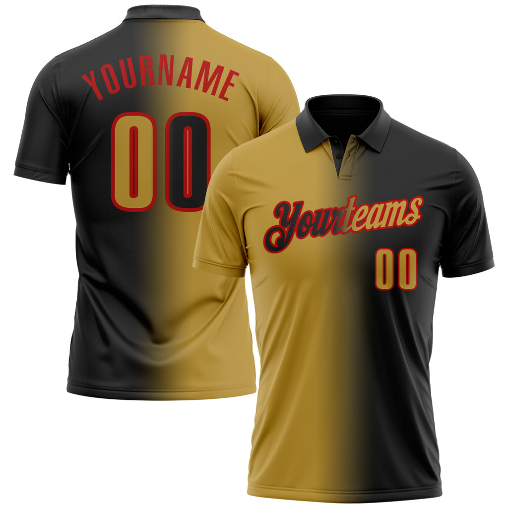 Custom Black Old Gold-Red 3D Gradient Fashion Performance Polo Shirt