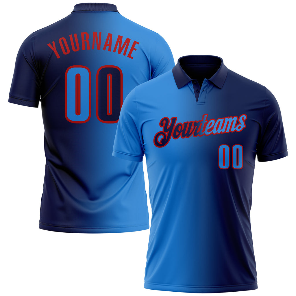 Custom Navy Powder Blue-Red 3D Gradient Fashion Performance Polo Shirt