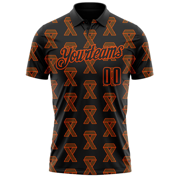Custom Black Orange 3D Pattern Design Orange Ribbon Kidney Cancer Awareness Performance Polo Shirt