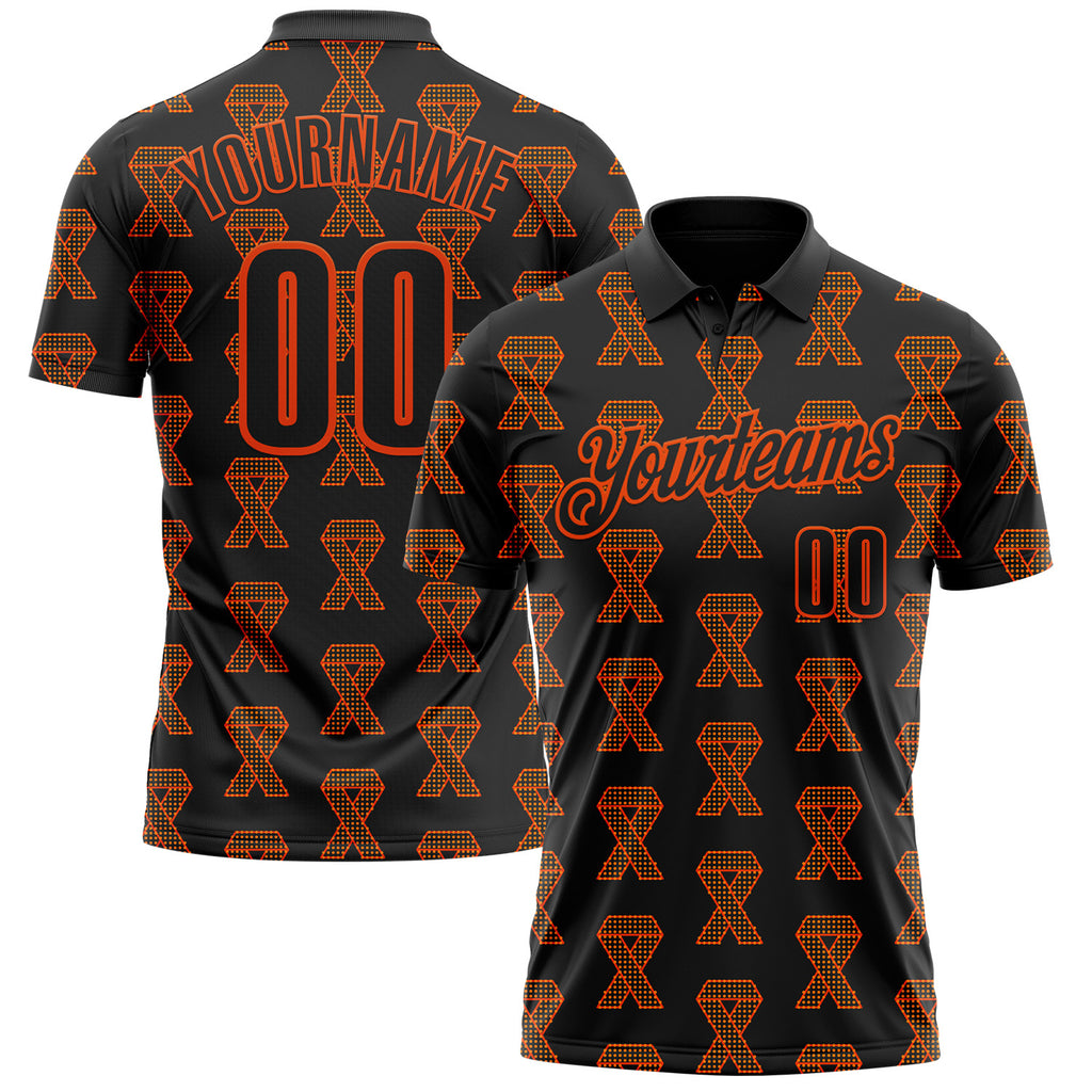 Custom Black Orange 3D Pattern Design Orange Ribbon Kidney Cancer Awareness Performance Polo Shirt