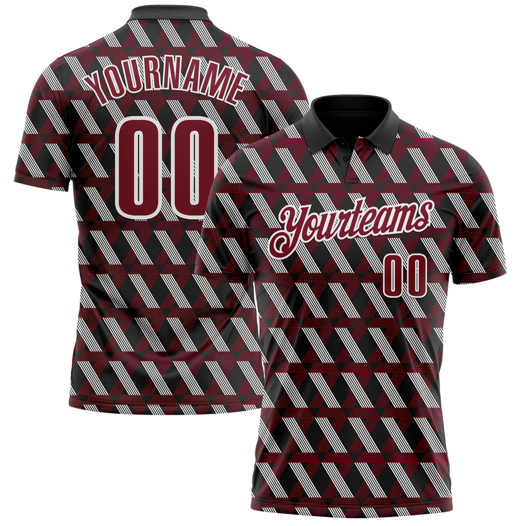 Custom Black Crimson-White 3D Pattern Design Burgundy And White Ribbon Head And Neck Cancer Cancer Awareness Performance Polo Shirt
