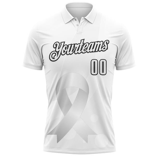 Custom White Black 3D Pattern Design Pear White Ribbon Lung Cancer Cancer Awareness Performance Polo Shirt