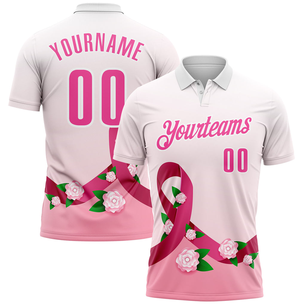 Custom White Pink 3D Pink Ribbon Breast Cancer Awareness Floral Performance Polo Shirt