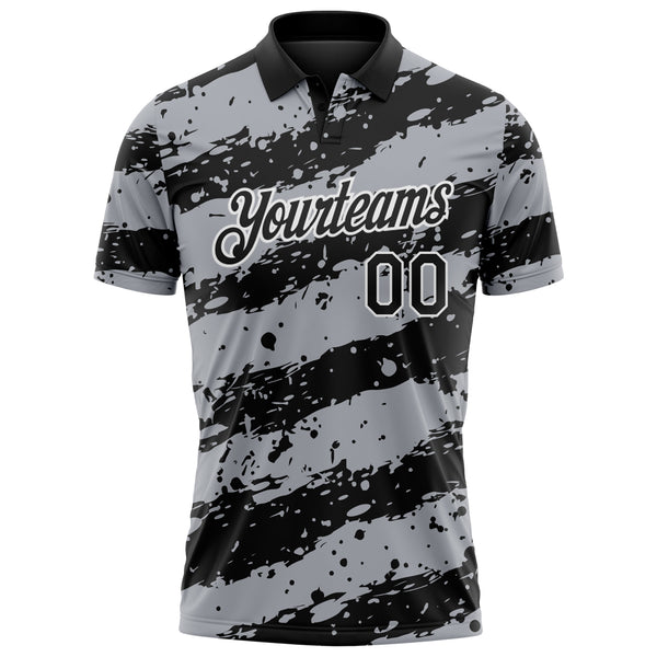 Custom Black Gray-White Paint Splash Stripe Performance Polo Shirt