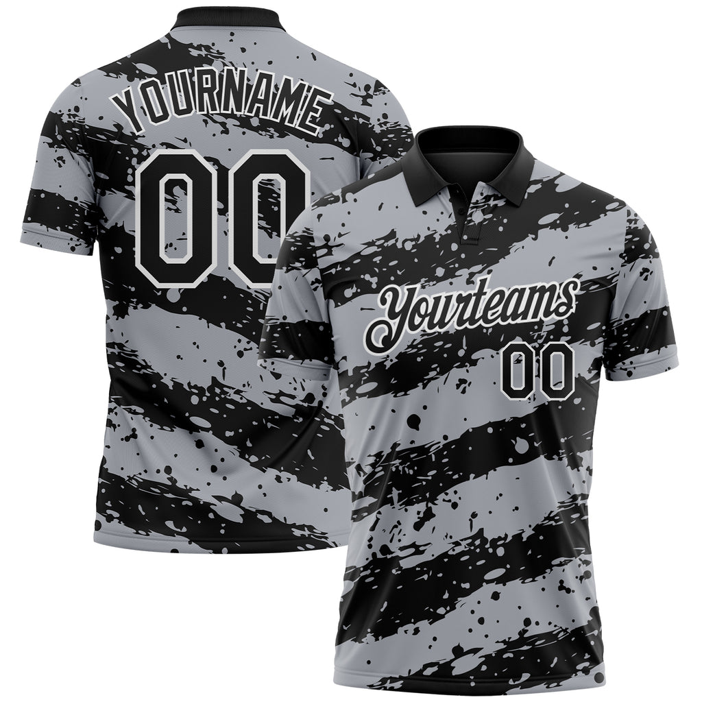 Custom Black Gray-White Paint Splash Stripe Performance Polo Shirt