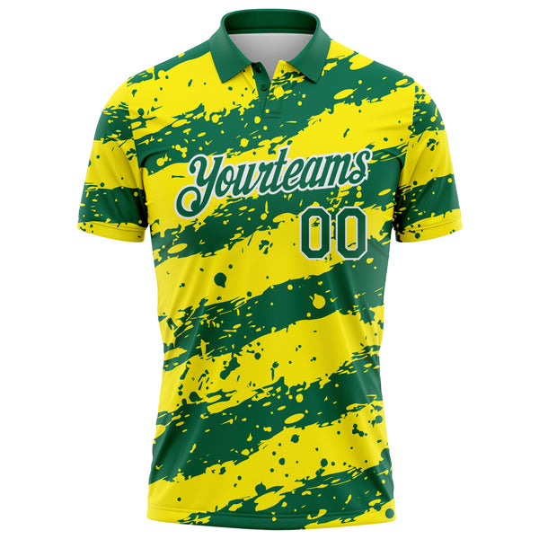 Custom Kelly Green Light Yellow-White Paint Splash Stripe Performance Polo Shirt