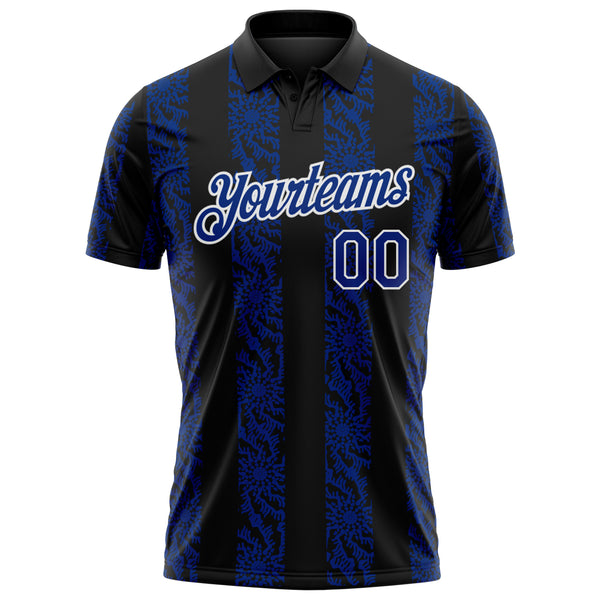Custom Black Royal-White 3D Pattern Abstract Floral Stripe Tribal Performance Polo Shirt