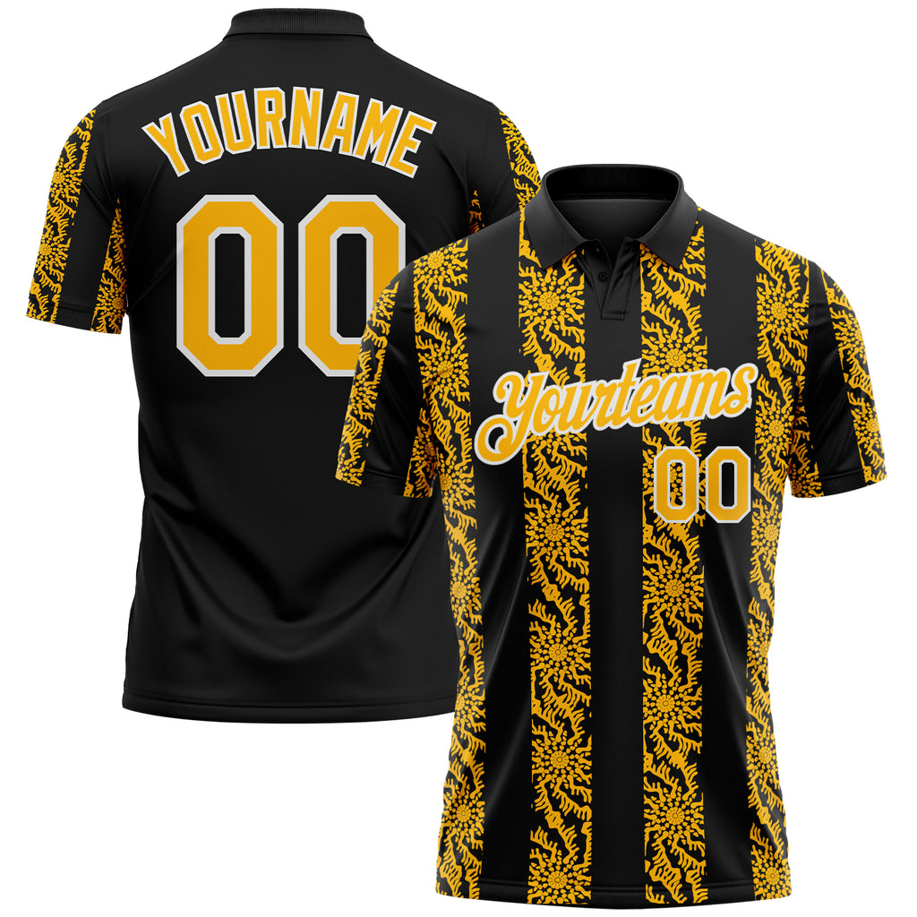 Custom Black Gold-White 3D Pattern Abstract Floral Stripe Tribal Performance Polo Shirt