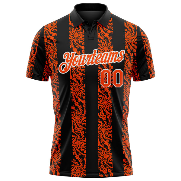 Custom Black Orange-White 3D Pattern Abstract Floral Stripe Tribal Performance Polo Shirt