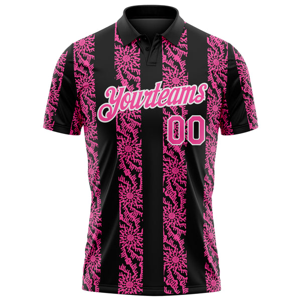 Custom Black Pink-White 3D Pattern Abstract Floral Stripe Tribal Performance Polo Shirt
