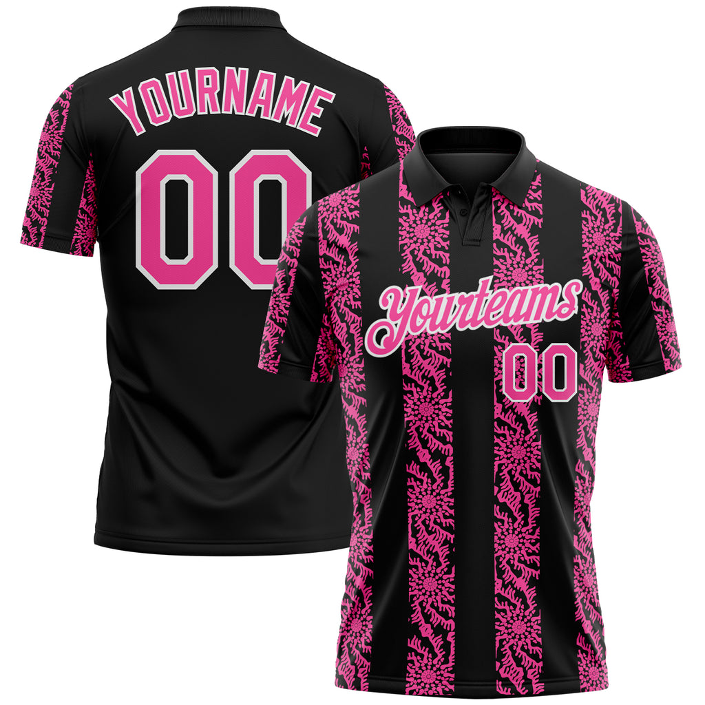 Custom Black Pink-White 3D Pattern Abstract Floral Stripe Tribal Performance Polo Shirt
