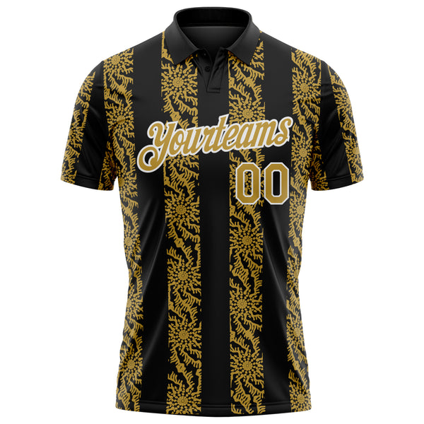 Custom Black Old Gold-White 3D Pattern Abstract Floral Stripe Tribal Performance Polo Shirt
