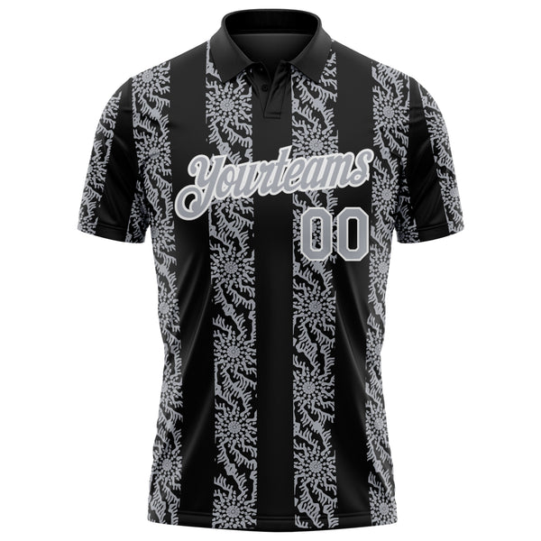 Custom Black Gray-White 3D Pattern Abstract Floral Stripe Tribal Performance Polo Shirt