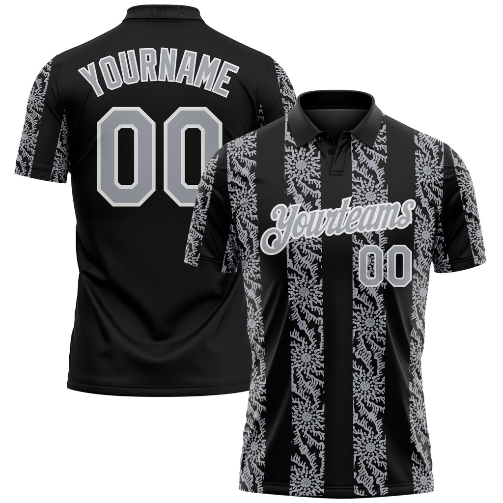 Custom Black Gray-White 3D Pattern Abstract Floral Stripe Tribal Performance Polo Shirt