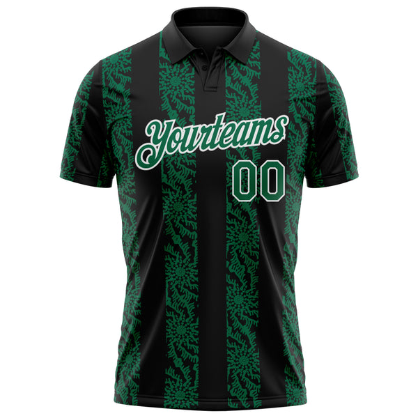 Custom Black Kelly Green-White 3D Pattern Abstract Floral Stripe Tribal Performance Polo Shirt