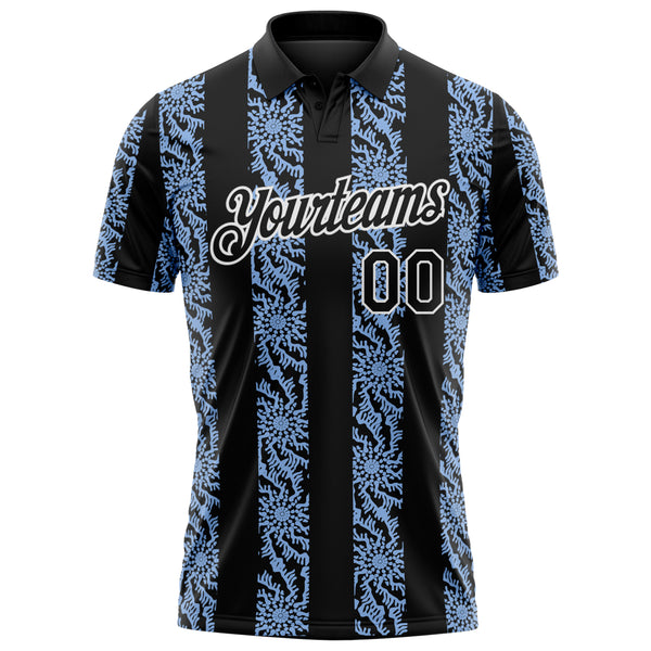 Custom Black Light Blue-White 3D Pattern Abstract Floral Stripe Tribal Performance Polo Shirt
