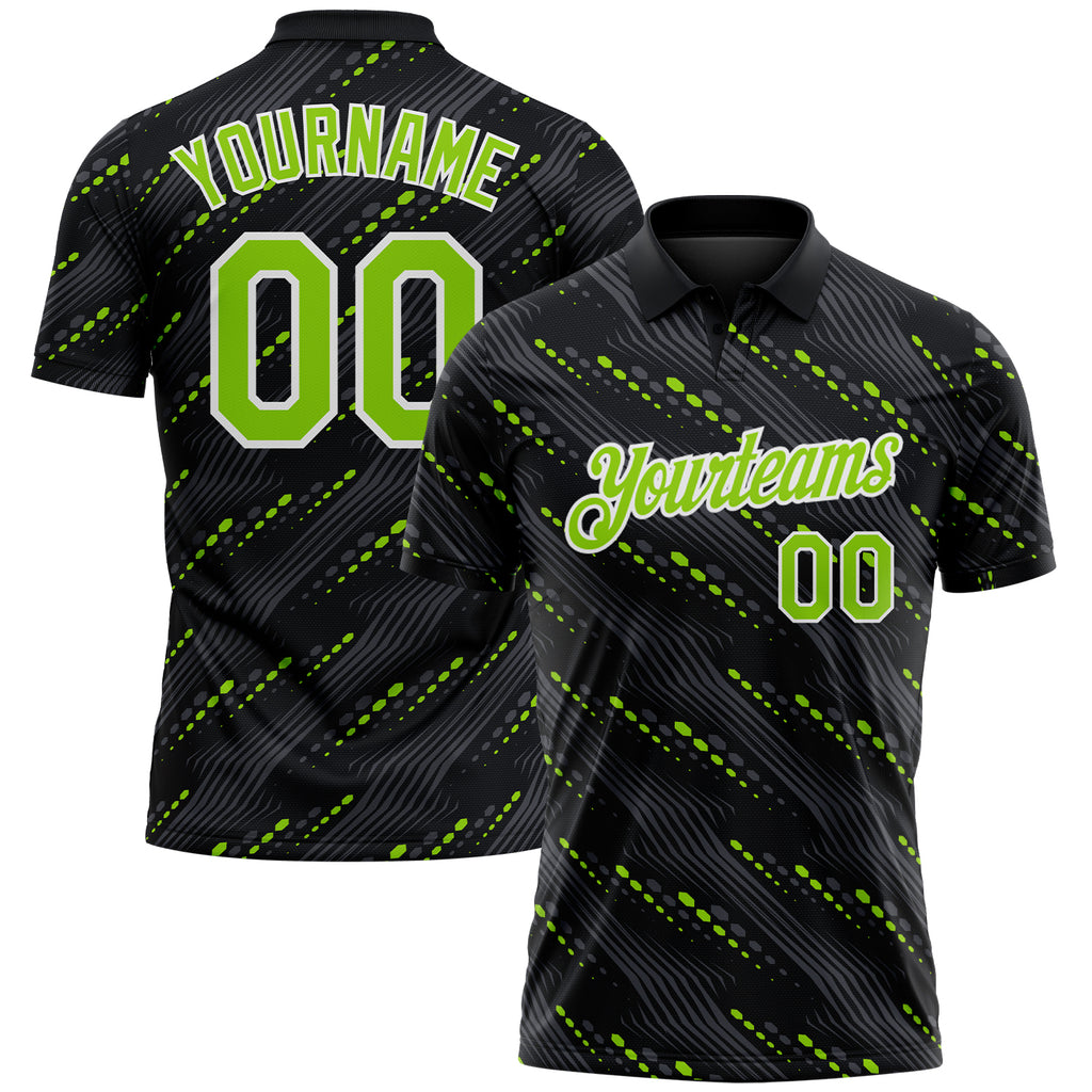 Custom Black Neon Green-White 3D Pattern Slant Lines Cyber Mecha Tech Performance Polo Shirt