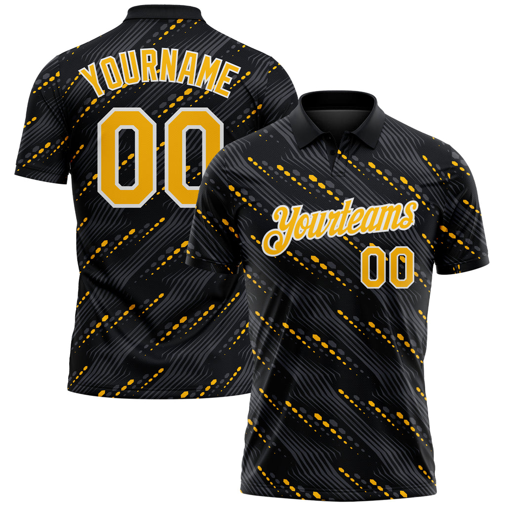 Custom Black Gold-White 3D Pattern Slant Lines Cyber Mecha Tech Performance Polo Shirt